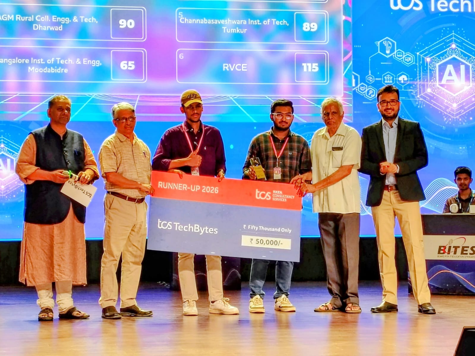 Runners Up - AGMRCET-DHARWAD - Stupendous performance by Rumman Khan, Parashuram Gatti , they are being awarded the runner's up by Prof. Sadagopan, Mr. Sunil Deshpande , Prof Gopal and Mr. Giri ...